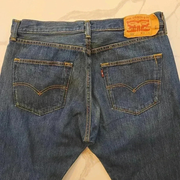 Levis 501 Button Fly Mens Straight Leg Cotton Dark Blue Jeans Size 34 - Picture 6 of 9
